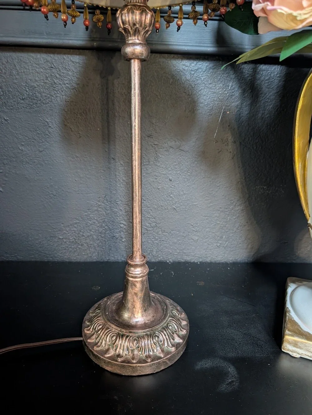 Vintage Petite Hollywood Regency Boudoir Lamp, Rose Gold Ornate base, Bead Shad